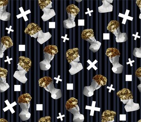 Seamless pattern with trendy geometric ornaments and plaster busts of Apollo in white and gold paint. Historical and art background theme for textiles, typography and design