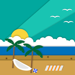 Fototapeta na wymiar Webtropical beach summer paper cut background vector, summer season paper craft design template