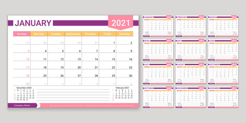 Calendar for 2021 year. Planner, calender template. Week starts Sunday. Vector. Yearly stationery organizer. Table schedule grid with 12 month. Horizontal monthly diary layout. Simple illustration