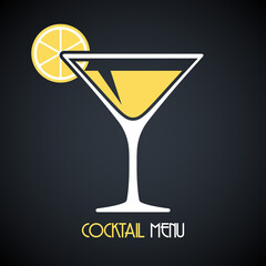 Martini glass with poured martini or vermouth and lemon slice. Design template for cocktail menu. Vector illustration on dark background