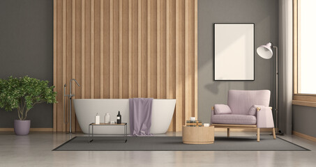 Minimalist bathroom with bathtub with wooden panel on background