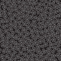 Dark floral background. Small white flowers seamless pattern. Black and white background. Line art.