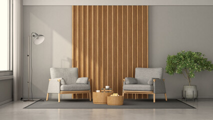 Minimalist living room with two armchairs against wooden panel