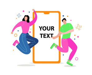 Happy people jumping for joy near a smartphone. Modern vector illustration concepts for advertising, sale, for posting on websites and mobile website. Cartoon characters on white background.