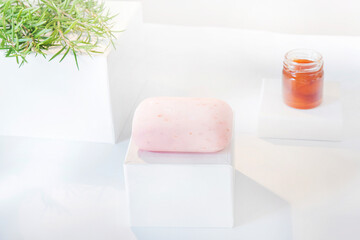 Fototapeta na wymiar Natural soap with rosemary, honey and Red clay