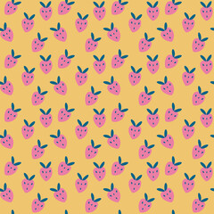 Seamless pattern with cartoon pink strawberries. Yellow background, ripe strawberries. The print is well suited for textiles, Wallpaper and packaging.
