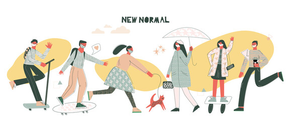 New normal concept of social distancing people doing activities with face mask prevention. Men and women wear trendy facial mask outside. Flat vector cartoon illustration isolated on white background