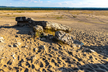 Panoramic view of Bledowska Desert sand and rocky plateau dusty landscape at Dabrowka view point near Chechlo in Lesser Poland