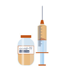 Covid-19 coronavirus vaccine. Time to vaccinate. Vector illustration with syringe with vaccine, bottle and virus.