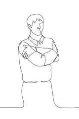 man stands and hugs himself - one line drawing. the concept of self-help, self-healing, healthy egoism, narcissism