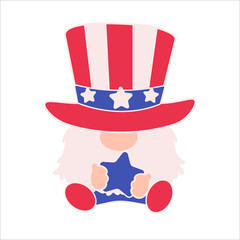 Patriotic gnomes wear a top hat adorned with the red and blue stars of the American flag.