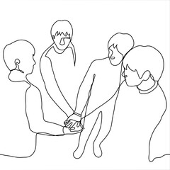 crowd of four guys who put their hands together - one line drawing. Friends company (partners, colleagues, players, participants) putting their hands together