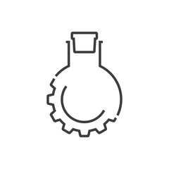 Laboratorio de química. Engranaje con probeta de forma circular con líquido y tapón con lineas de color gris