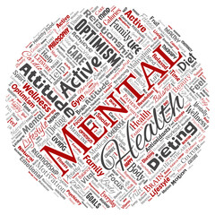 Vector conceptual mental health or positive thinking round circle red word cloud isolated background. Collage of optimism, psychology, mind healthcare, thinking, attitude balance or motivation text