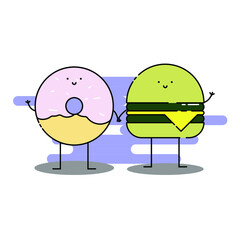 Cute donut and cheese burger Illustration. modern simple food vector icon, flat graphic symbol in trendy flat design style. food character