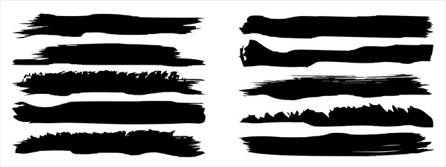 Vector collection of artistic grungy black paint hand made creative brush stroke set isolated on banner background. A group of abstract grunge sketches for design education or graphic art decoration