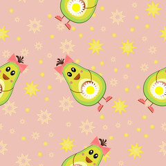 Avocado pattern. Cute, funny fruits with bows and daisies. Stars on a pink background. Seamless and endless for textiles. Vector
