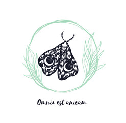 Moth drawing in a leaf frame with latin qoute print design