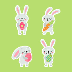 Easter greeting stickers with bunnies. Vector illustration. Set of cute cartoon characters and elements.