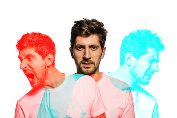 Young man with different emotions over white background with glitch effect.