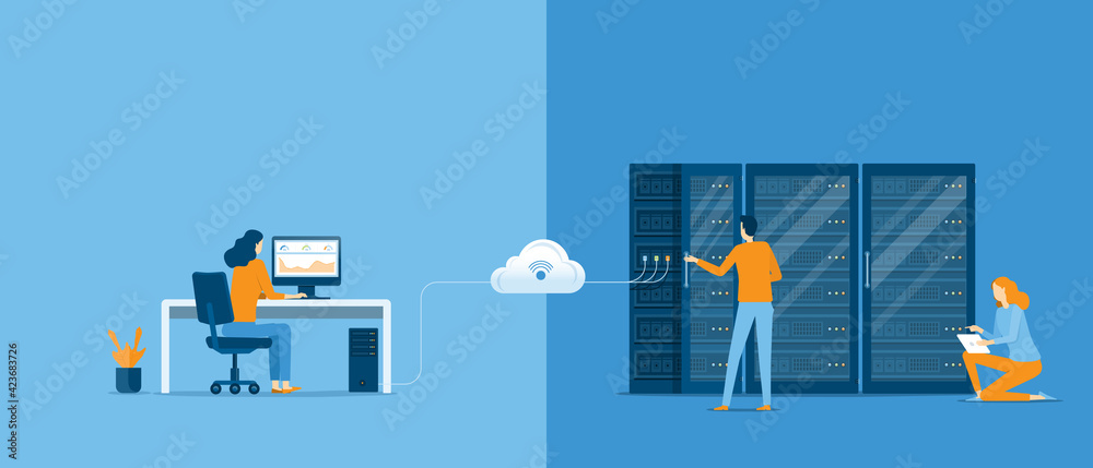 Aufkleber business technology cloud computing service concept and datacenter storage server connect on cloud with administrator and developer team working concept