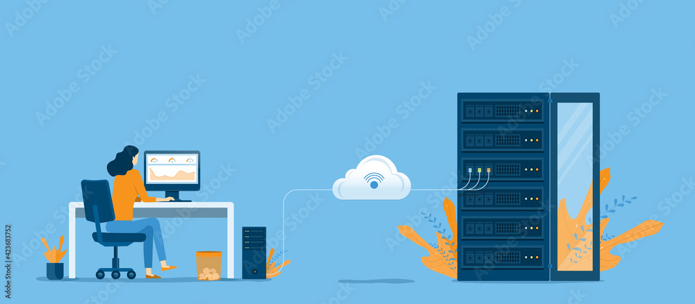 Aufkleber business technology cloud computing service concept and datacenter storage server connect on cloud with administrator and developer working concept