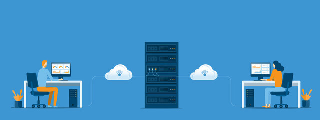 business technology cloud computing service concept and datacenter storage server connect on cloud with administrator and developer team working concept