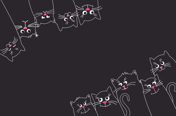 Black Cats look up and down. Banner with many Cute pet