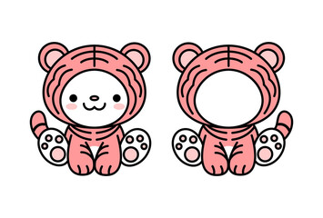 年賀状素材 顔はめパネル 可愛い寅の着ぐるみを着ている猫ちゃんのイラスト セット ベクター