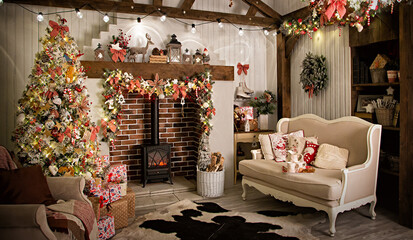 Christmas studio interior room in red, green and beige tones