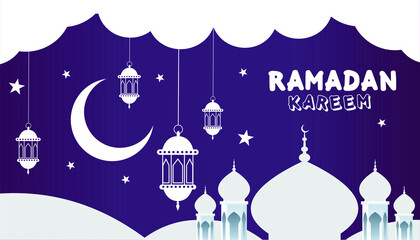 Ramadan Background with hanging lantern, moon,star and mosque.Vector illustrator.