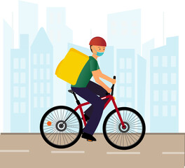 A man riding the bicycle, a delivery man in the mask, food delivery concept,  flat vector illustration