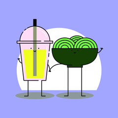 Cute softdrink and noodle hold hand Illustration. modern simple food vector icon, flat graphic symbol in trendy flat design style. Food character.