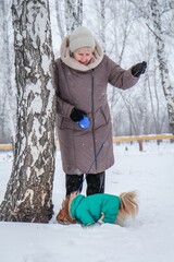 Portrait of an elderly woman with a dog. Woman with pekingese dog walking on the snowy field.