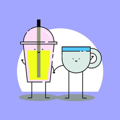 Fototapeta na wymiar Cute orange softdrink and cup of tea holds hand Illustration. modern simple food vector icon, flat graphic symbol in trendy flat design style. Food character.