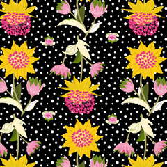 Black colorful seamless floral pattern. Bright color of astrantia flower