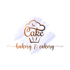 Cake logo of bakery. Cupcake dessert watercolor - 423685519