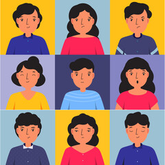 Man and woman show different emotions. Happy, sad, angry, confused paeople faces. Vector illustration for human mood and states of mind