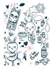 Set of doodle images of cute rabbits and objects. Vector image of cute rabbits for different type of print