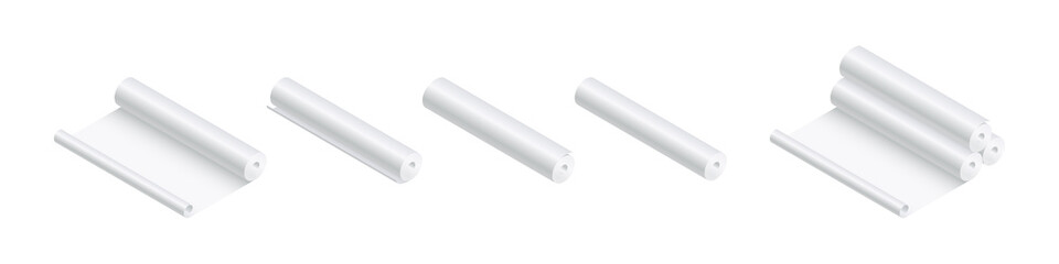 Isometric vector illustration blank paper rolls mock up isolated on white background. Realistic paper rolls or fabric rolls icons in flat cartoon style. White textile or paper rolls mockup template.