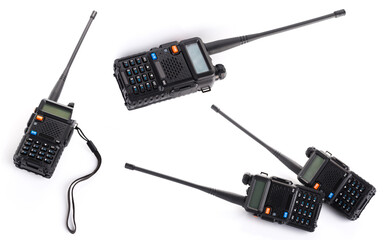 set collage of several black walkie-talkie radio communication device isolated on white background