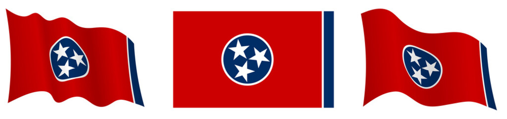 flag of american state of Tennessee in static position and in motion, fluttering in wind in exact colors and sizes, on white background