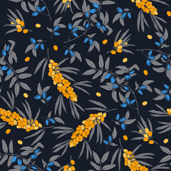 Seamless pattern with sea buckthorn and honeysuckle on black background. Vector. Perfect for design templates, wallpaper, wrapping, fabric and textile.