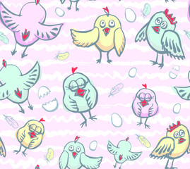 Little chicks hatched from eggs. Newborn birds in a vector seamless pattern in gentle and cute colors. Hand drawn print for toddler boys and girls