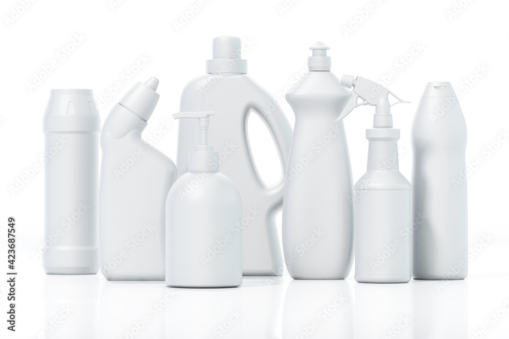 Wall mural blank cleaning product packages isolated on white background. 3d illustration