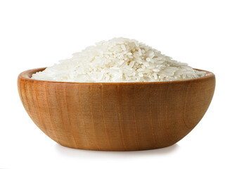 uncooked jasmine rice in wooden bowl isolated