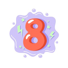 Cartoon number eight for kids, birthday card template. Vector illustration