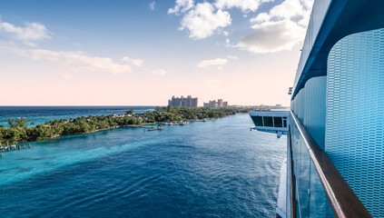 Fototapeta na wymiar Balcony side of cruise ship in Nassau Bahamas.