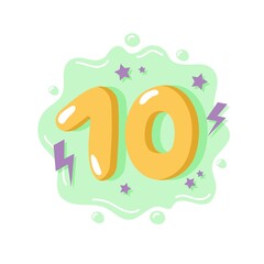 Cartoon number ten for kids, birthday card template. Vector illustration