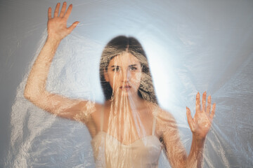 Female protection. Defocused portrait. Gender discrimination. Disturbed worried scared woman...